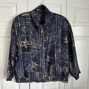 Vintage EVR Jacket Womens Large Blue Gold Silk Bomber Zip Front Abstract Floral